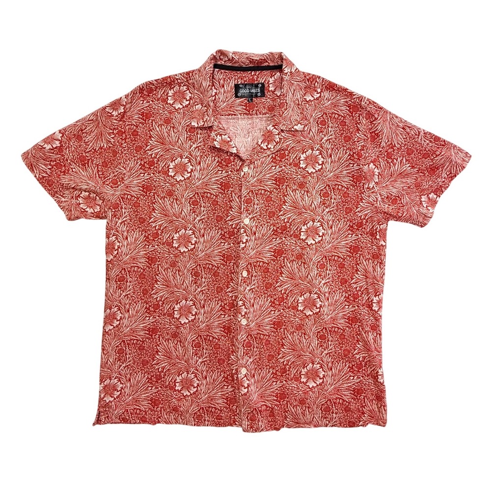 Good Vibes Drill Clothing Co Mens Red White Floral Viscose Button Down Shirt L